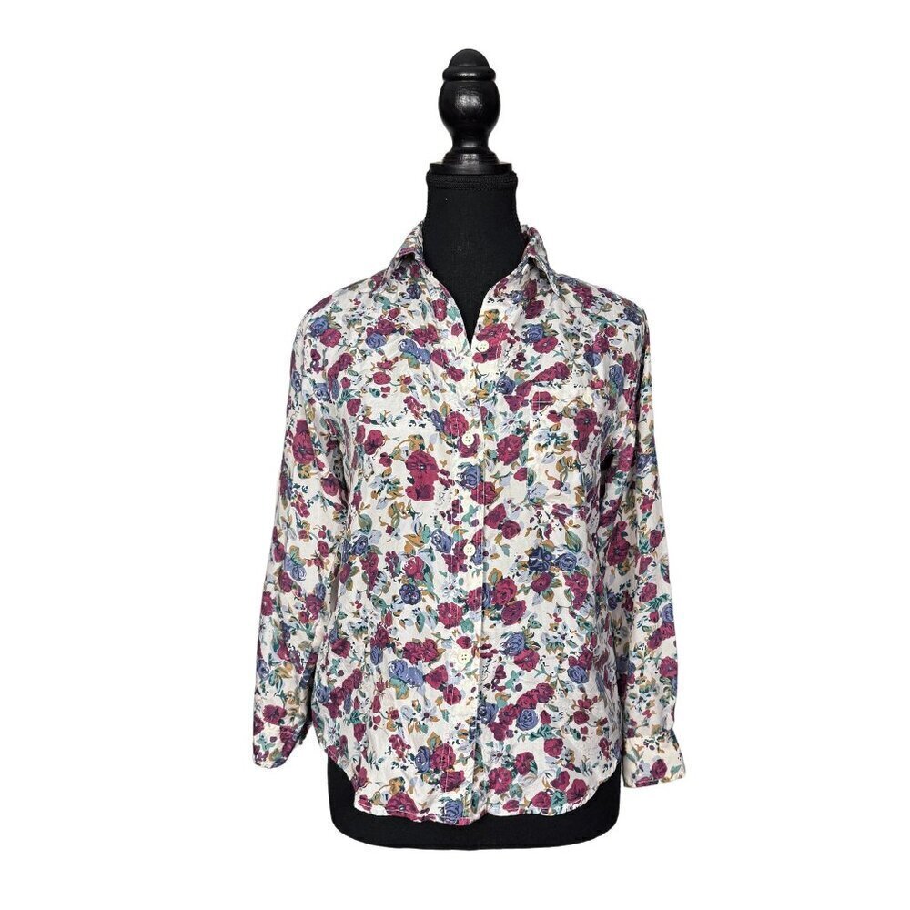 Vintage 90s Silk Floral Blouse, Long Sleeve Button Up Shirt, Classic 90s